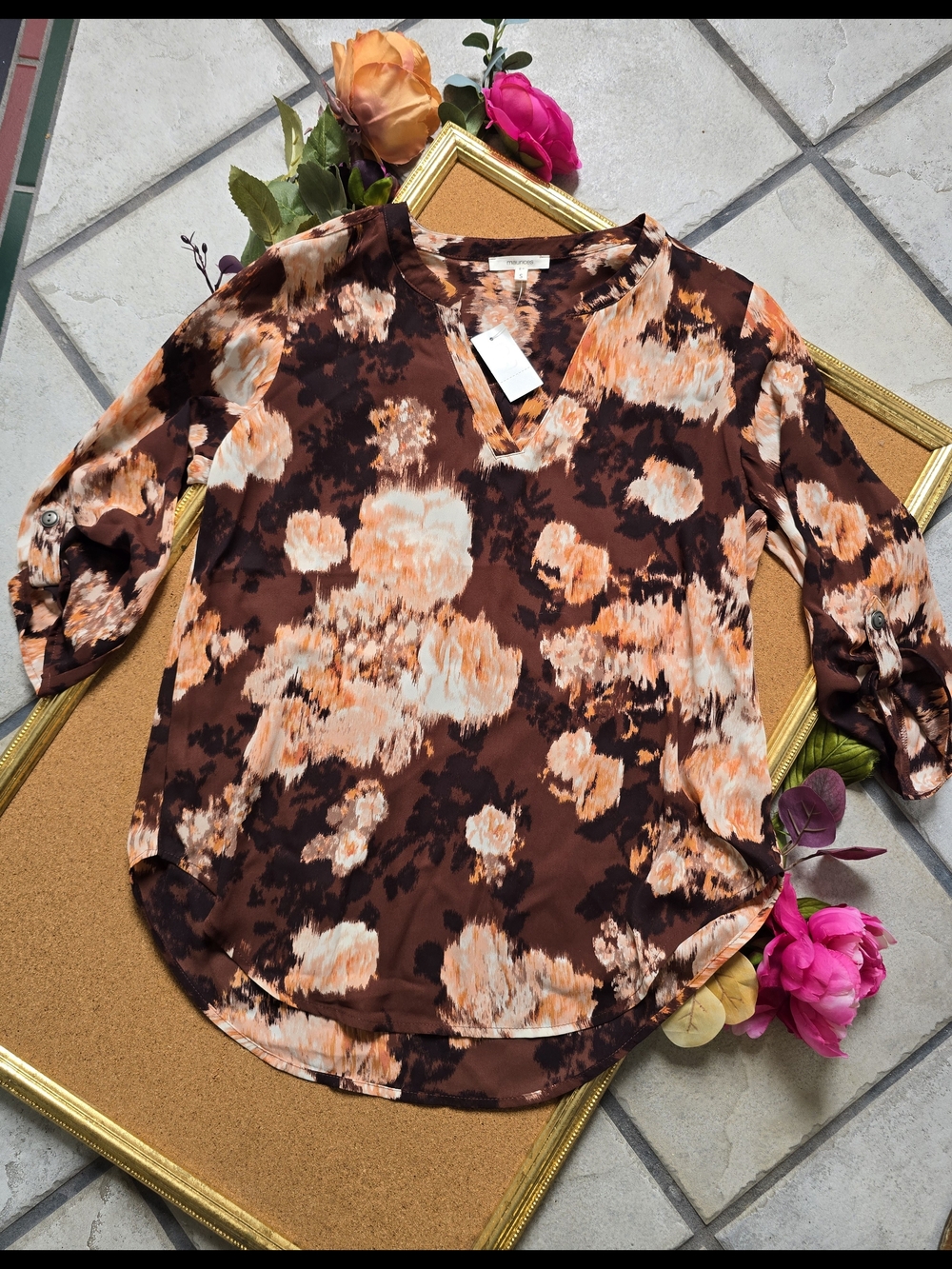 Maurices Brown Floral V-Neck Blouse with Peach Accents